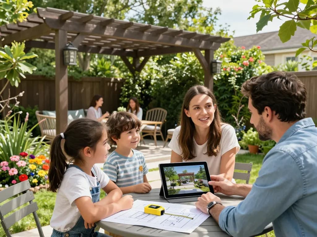 Family using Pergola Configurator Software to visualize their outdoor pergola in a vibrant garden setting.