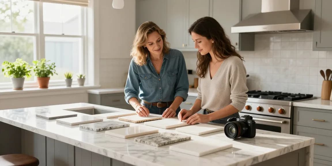 Quartz kitchen countertops Hamilton showcased during a design consultation in a stylish home.