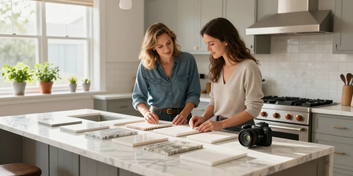 Quartz kitchen countertops Hamilton showcased during a design consultation in a stylish home.