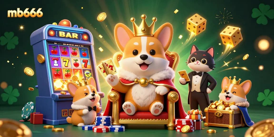 Engage in thrilling slots at mb666 as a royal corgi reigns over a vibrant casino scene.