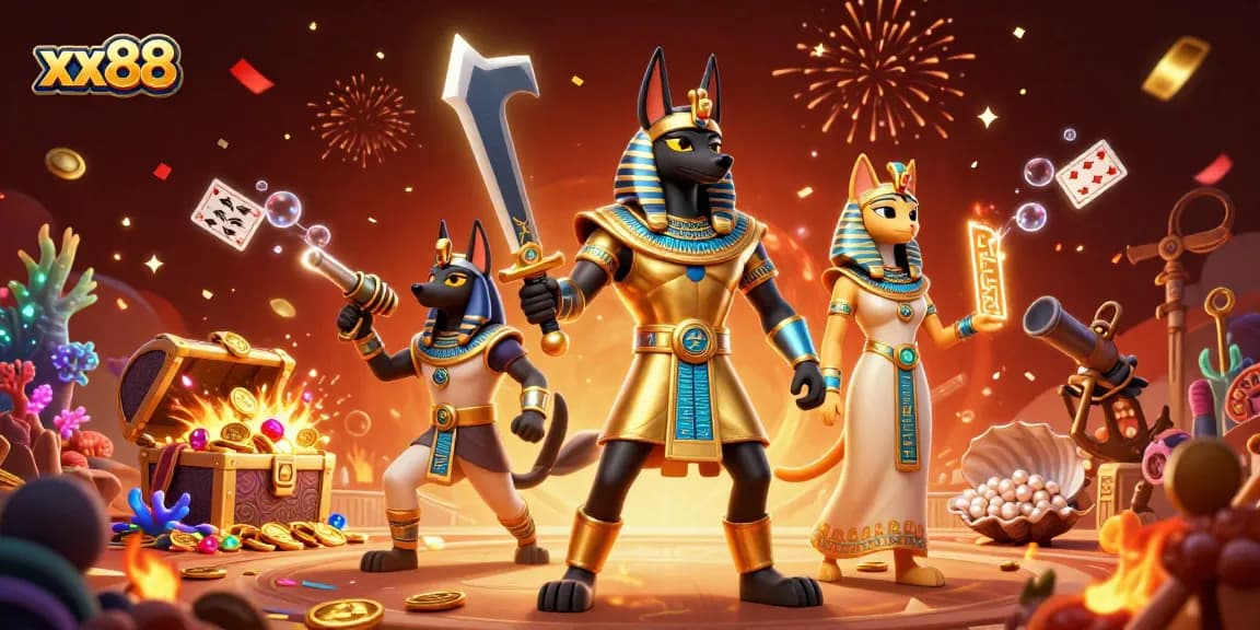Experience thrilling cockfighting action with xx88, featuring Anubis and Bastet in a vibrant arena.