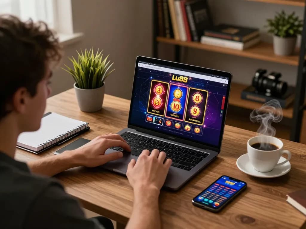 Engaging in online poker gameplay at Lu88 with a cozy home setting and strategic notes visible.