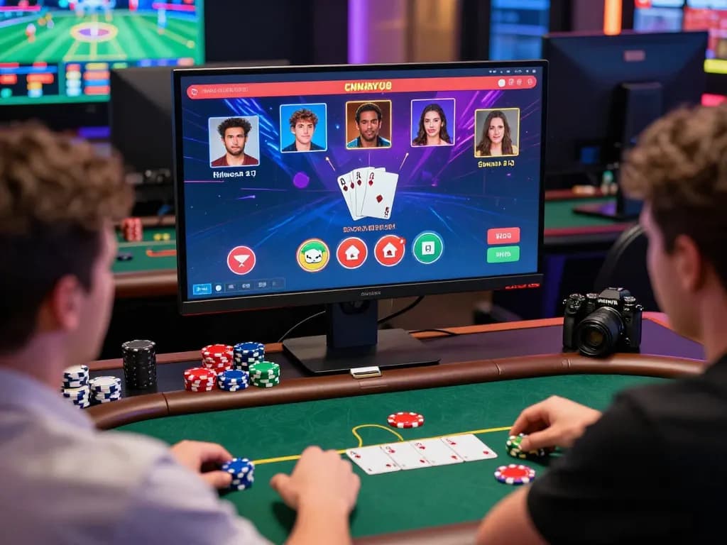 Engaging online gambling experience at MAY88 featuring dynamic players and vibrant gaming setup.