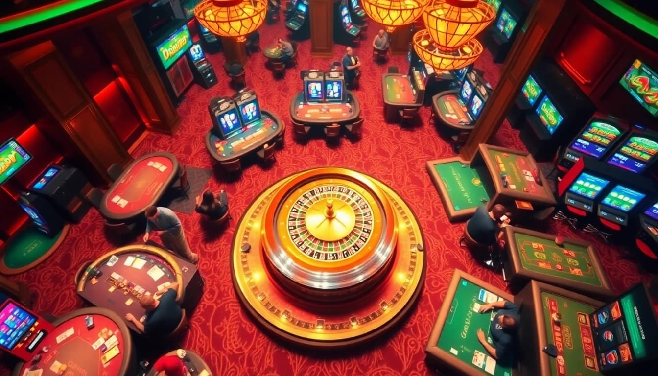 Intense gaming action at 9BET, featuring roulette and poker tables amidst a luxurious casino ambiance.