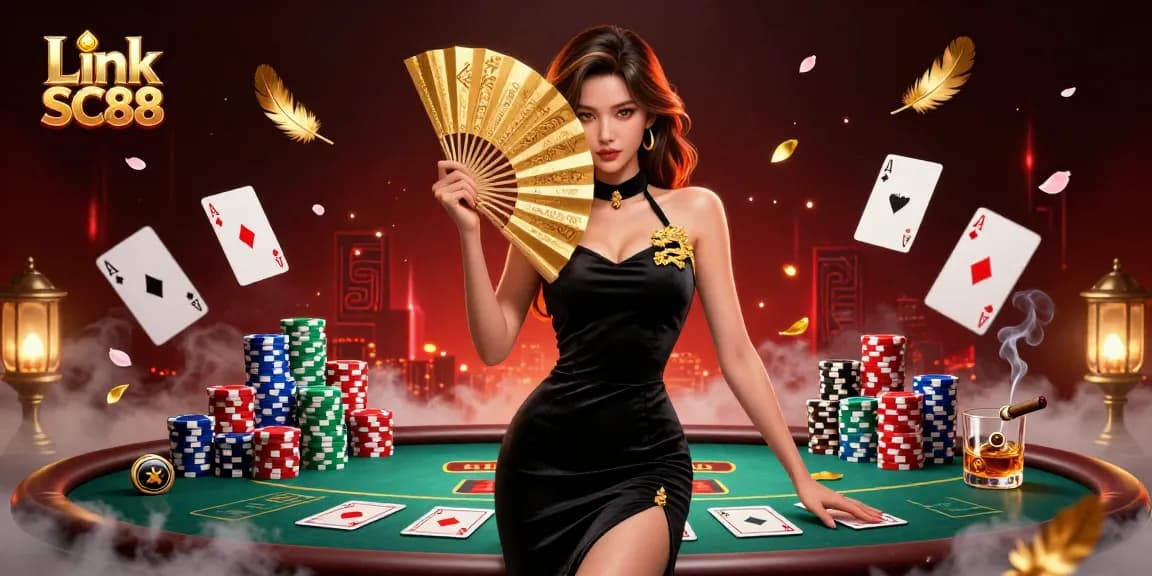 Engage in thrilling gameplay with Link SC88 as a stunning Asian woman reveals her poker hand under a glowing casino ambiance.