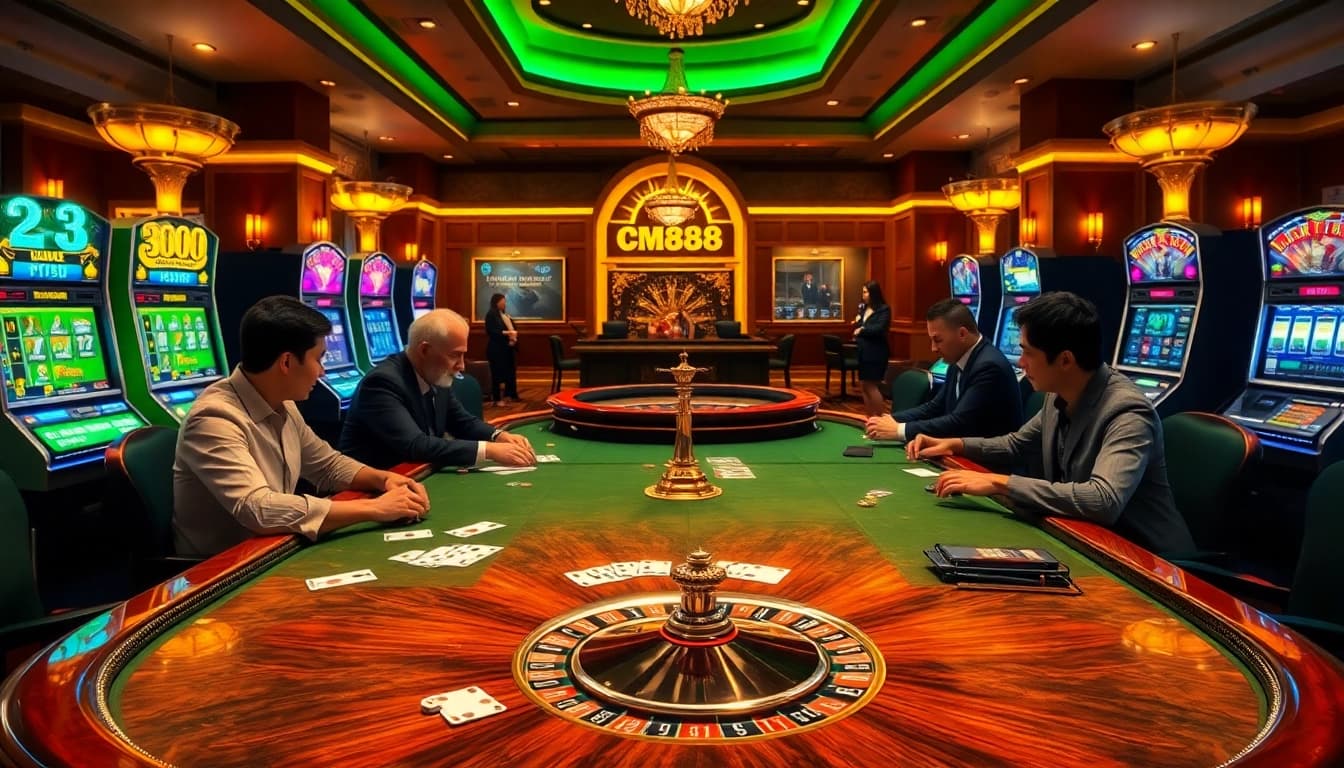 Experience the thrill of CM888 in a luxurious casino setting featuring poker tables and vibrant slot machines.