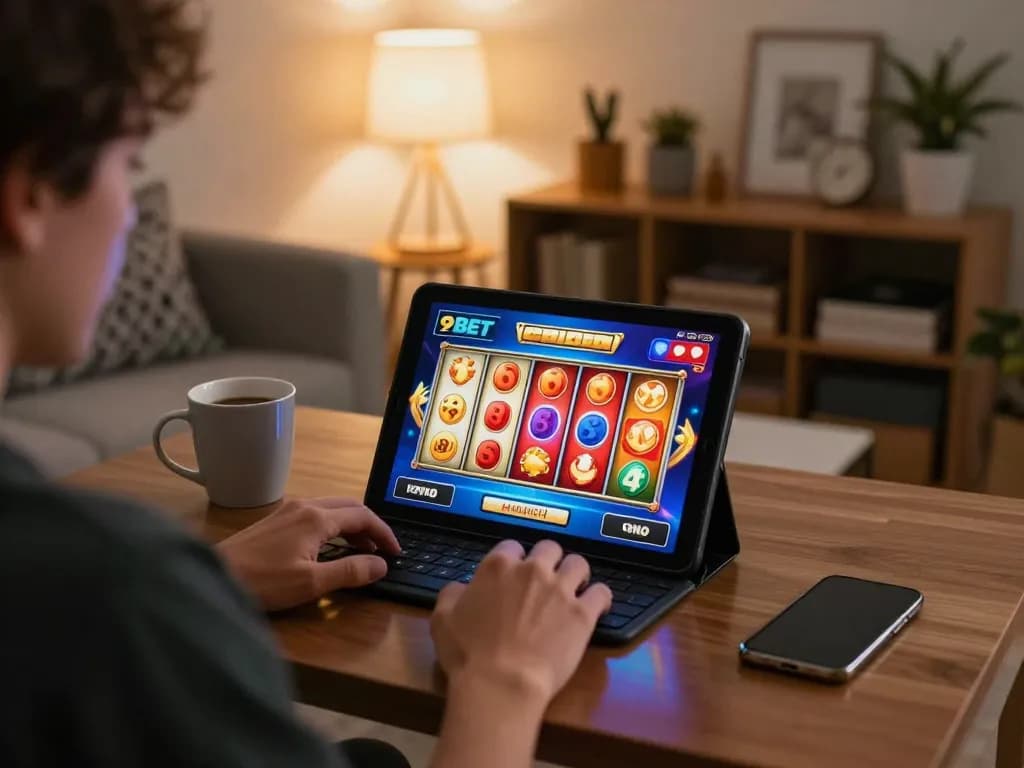 Engaging gameplay on 9BET slots with colorful reels displayed on a tablet in a cozy atmosphere
