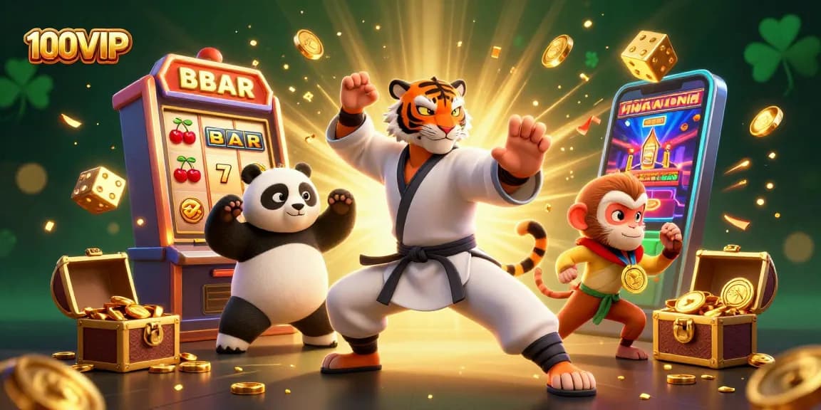 Spin and win at 100VIP with an enchanting illustration of a kung fu tiger and panda in a vibrant casino world.