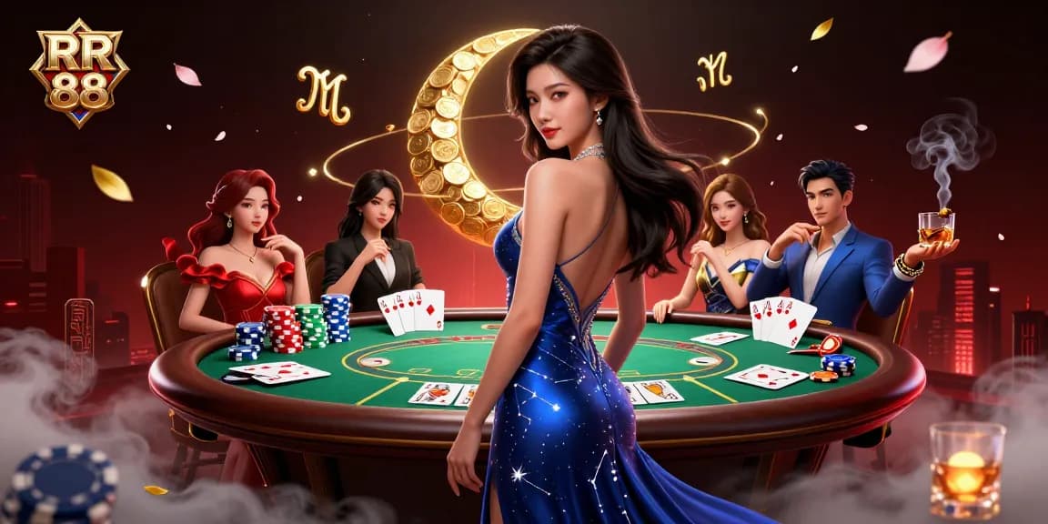 Join the excitement at RR 88, featuring a glamorous Asian woman at a vibrant poker table with high-quality chips.
