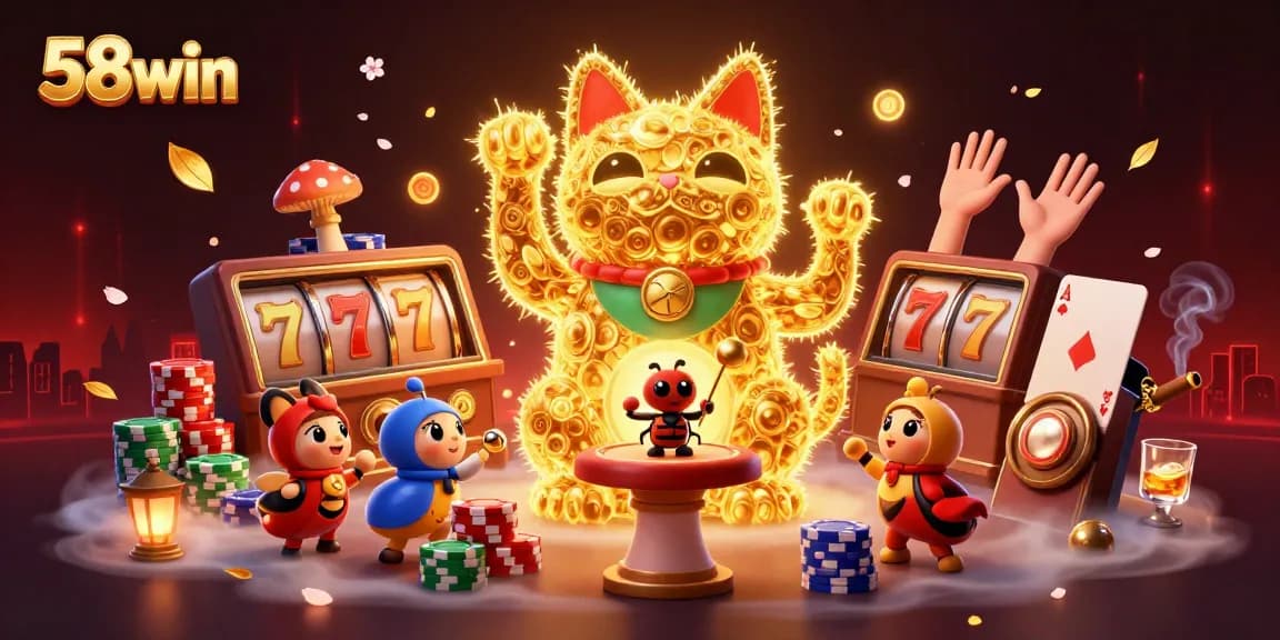 Experience exciting gaming features with 58win's dynamic casino scene filled with slot elements and a lucky cat.