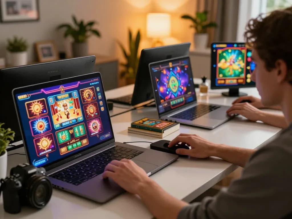 Engaged player enjoying a go88 slot game on laptop at home with cozy atmosphere
