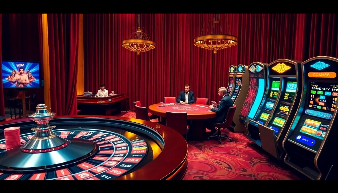 Players enjoy a dynamic gaming experience at CM88 casino with roulette and poker tables.