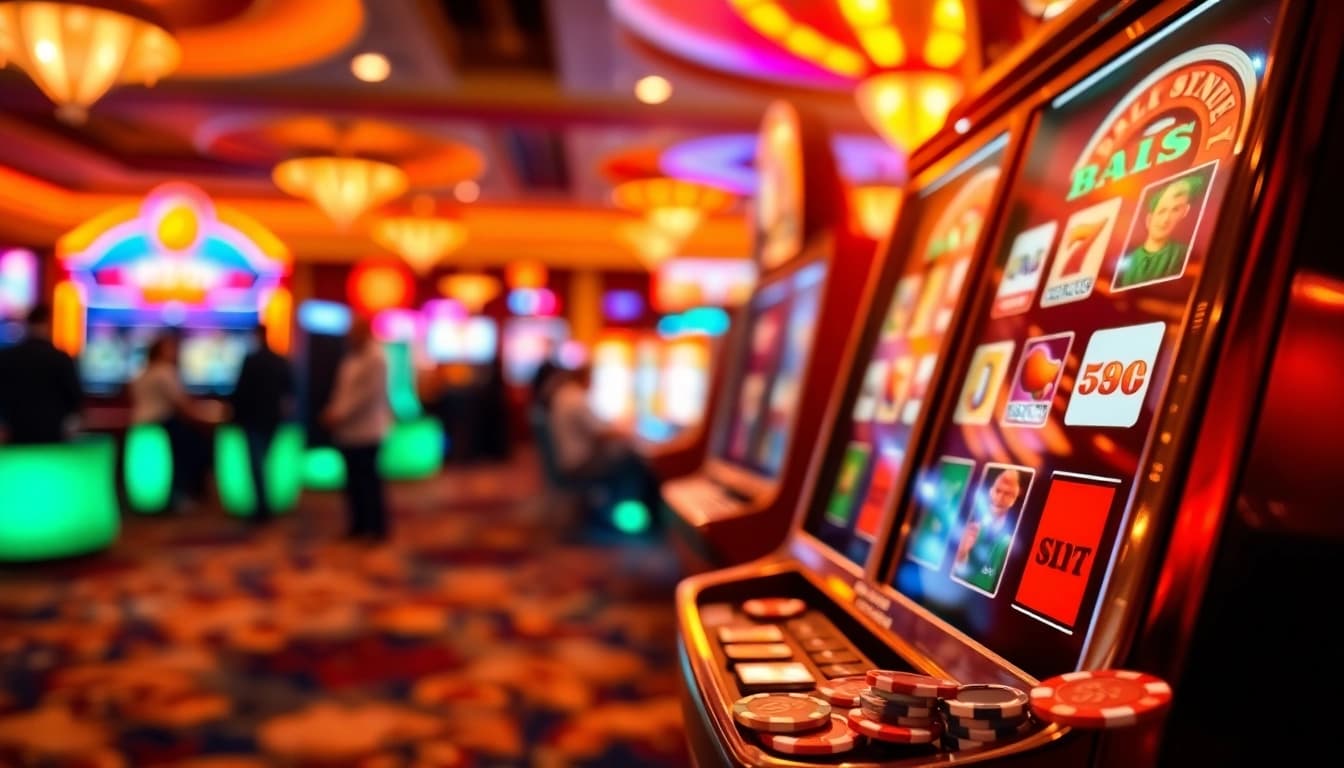 Slot gacor dengan lampu berkilau dan suasana kasino yang hidup.