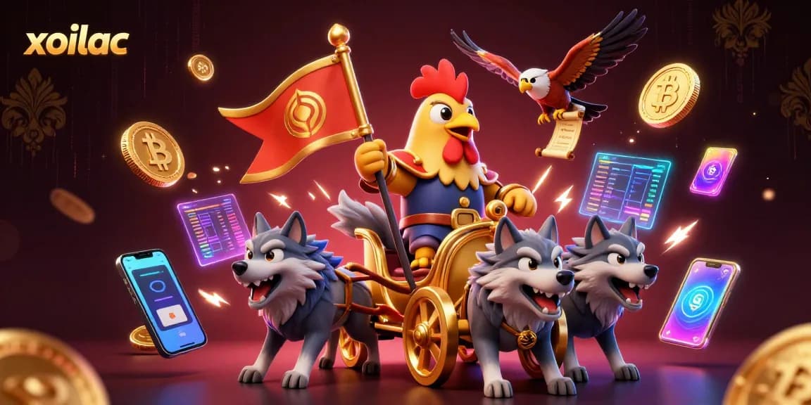 Xoilac sports action featuring a rooster warlord with golden charisma and crypto-themed elements.