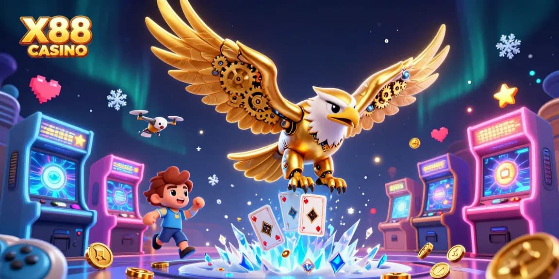 Engage with X88 CASINO as a golden eagle soars through a vibrant gaming scene filled with casino elements.