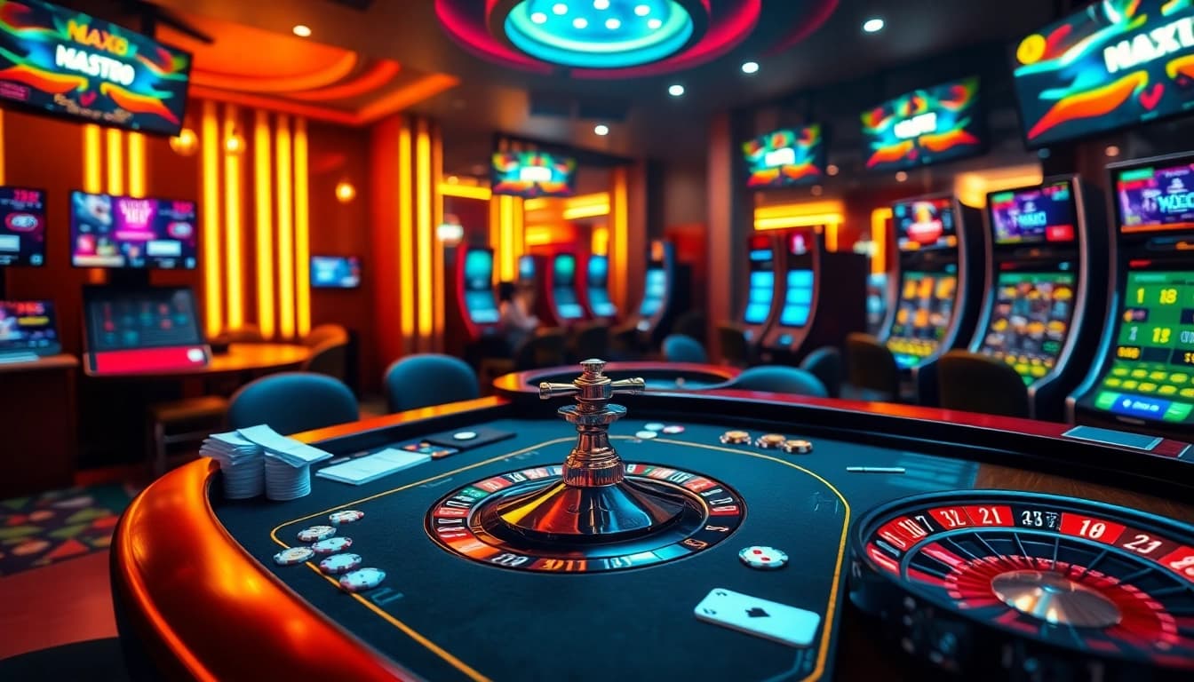 This image illustrates an exciting online gambling scene at https://max88.bz/, featuring a lavish casino table and advanced betting interfaces.