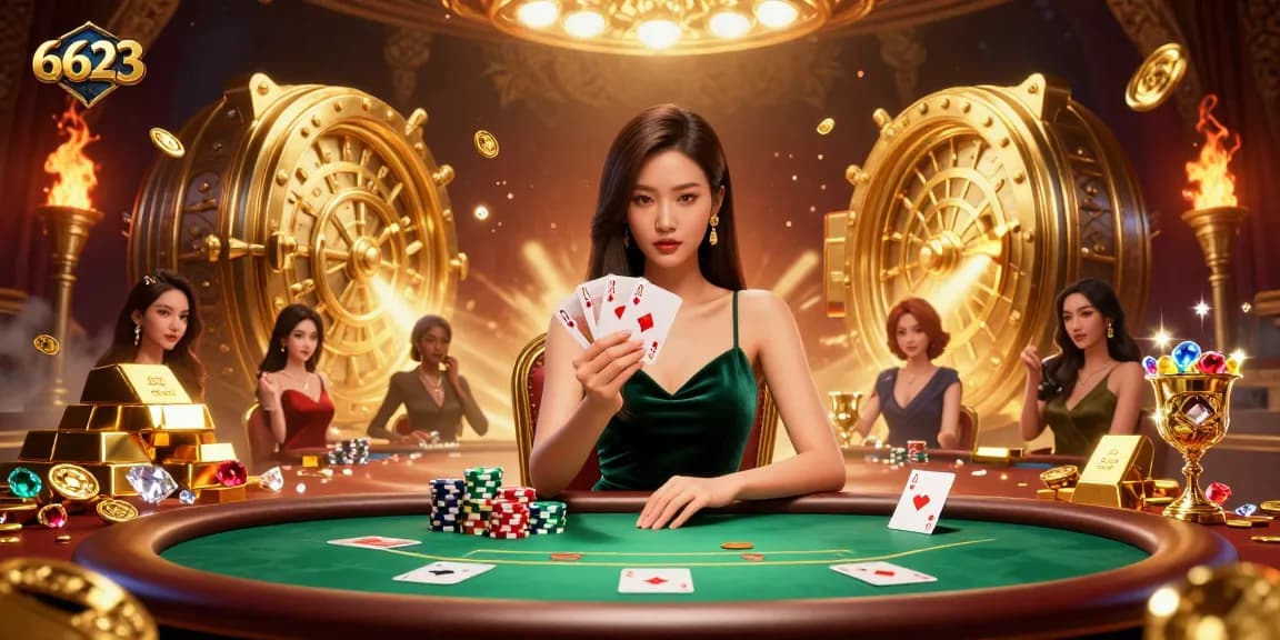 Engage in thrilling 6623 poker action at a luxury table with vibrant treasures and gems.