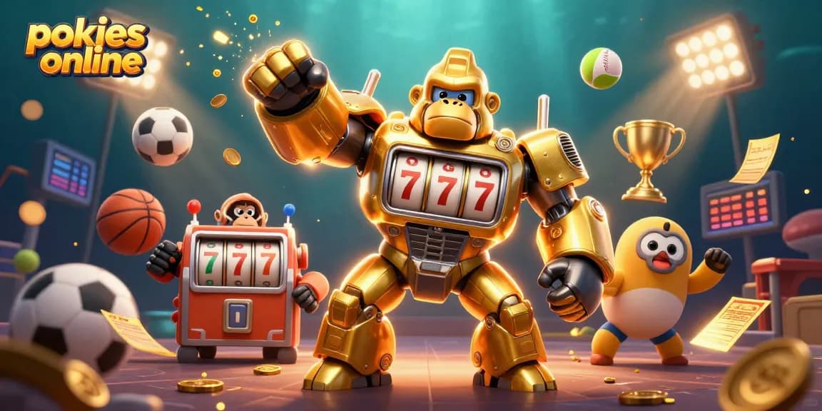 Experience thrilling pokies online gameplay with a dynamic scene of a mech gorilla and flying sports elements.