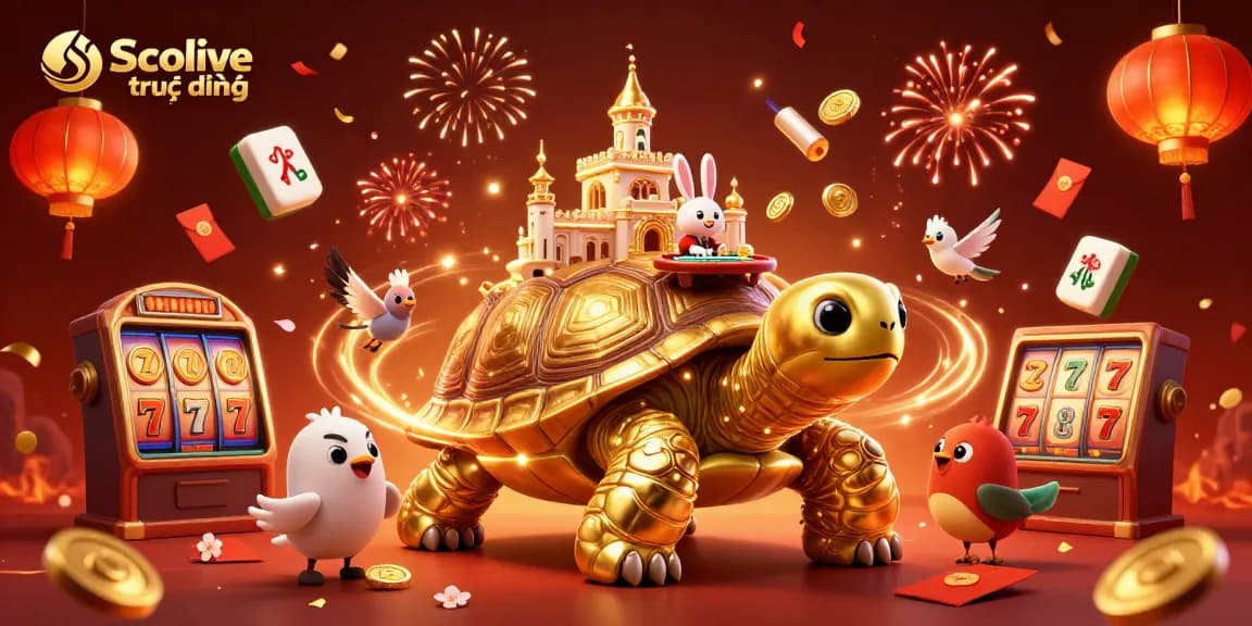 Experience Socolive trực tiếp with golden tortoise casino scene featuring vibrant jackpot elements.