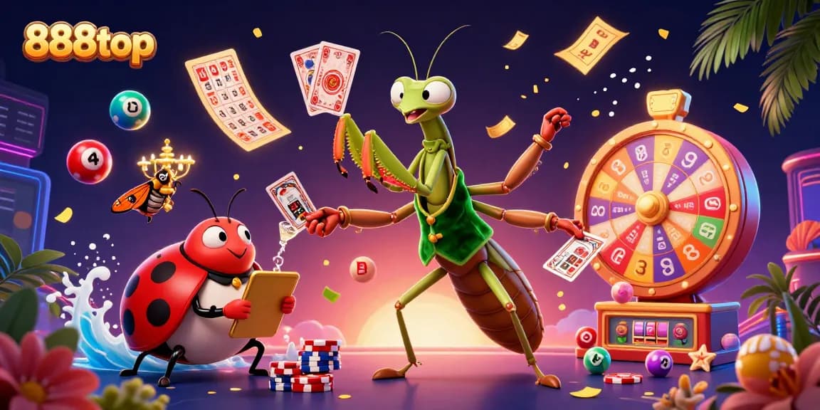 Engage with the vibrant 888top casino scene featuring a giant mantis dealer, lottery balls, and prize excitement.