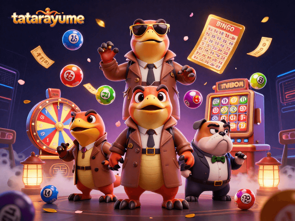 Experience the vibrant excitement of tatarayume with three raptors in a trench coat entering a VIP casino lounge.