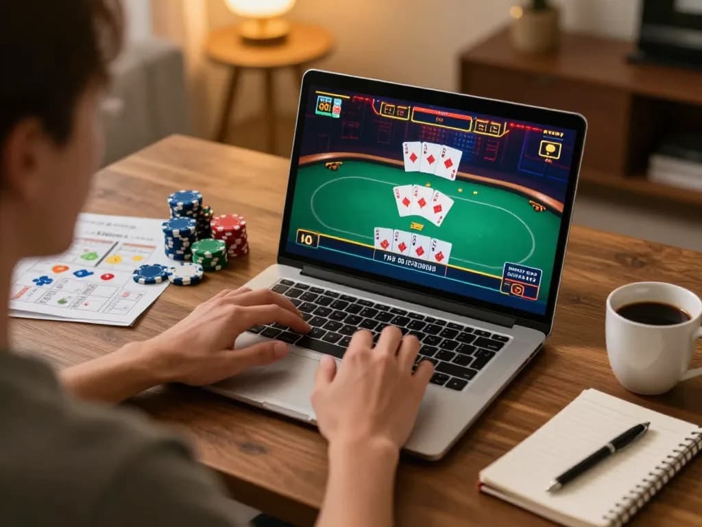 Win138 user enjoying online poker gameplay at home, surrounded by chips and strategy notes.