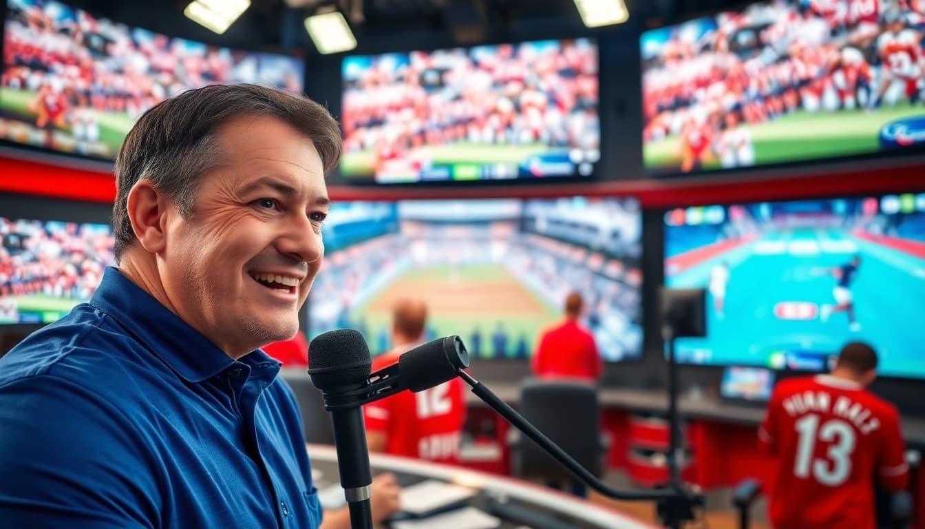 Captivating sports broadcasting scene showcasing a broadcaster amidst live event coverage in a modern studio.