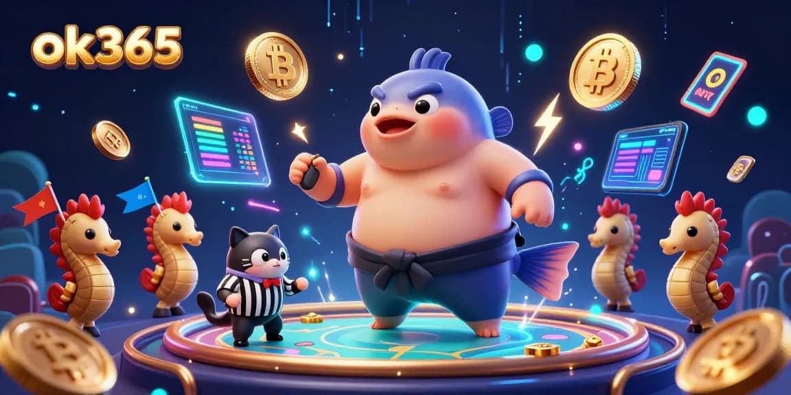 Engage with ok365 in a vibrant underwater casino scene featuring a spirited fugu and crypto elements.