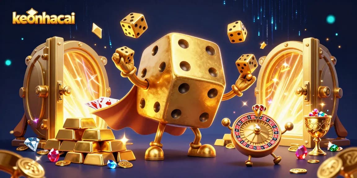 Engage with keonhacai's thrilling juggler of golden dice in a vibrant casino scene.