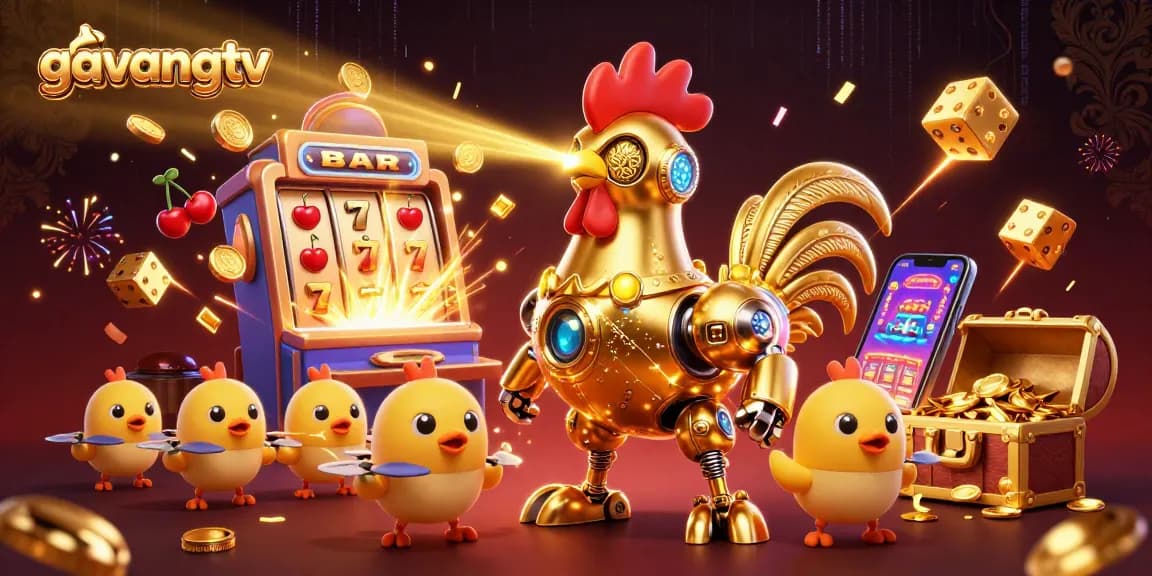 Experience the excitement of gavangtv with a vibrant casino scene filled with a golden rooster robot and cascading jackpots.