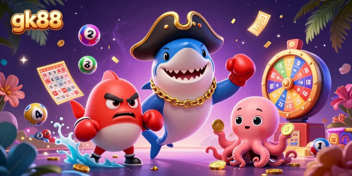Join the fun at gk88 as the cartoon pirate shark, pufferfish, and octopus celebrate wins with games and prizes