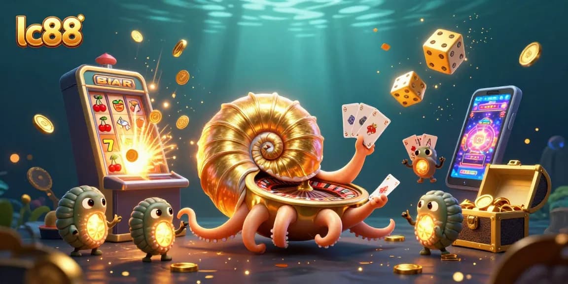 Experience the thrill of lc88 casino with vibrant slot machines and a giant nautilus as the roulette wheel.