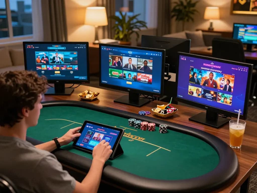 Player engaging in online casino gameplay on tablet with Da88 apps, cozy gaming setup