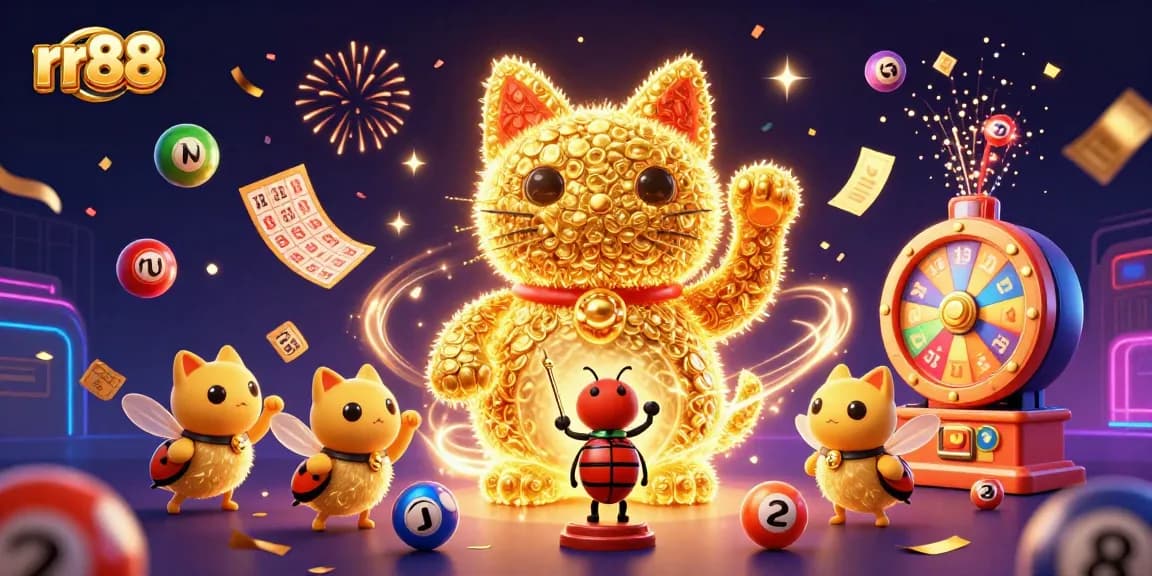 Experience the excitement of rr88 as golden fireflies form a lucky cat among casino symbols.