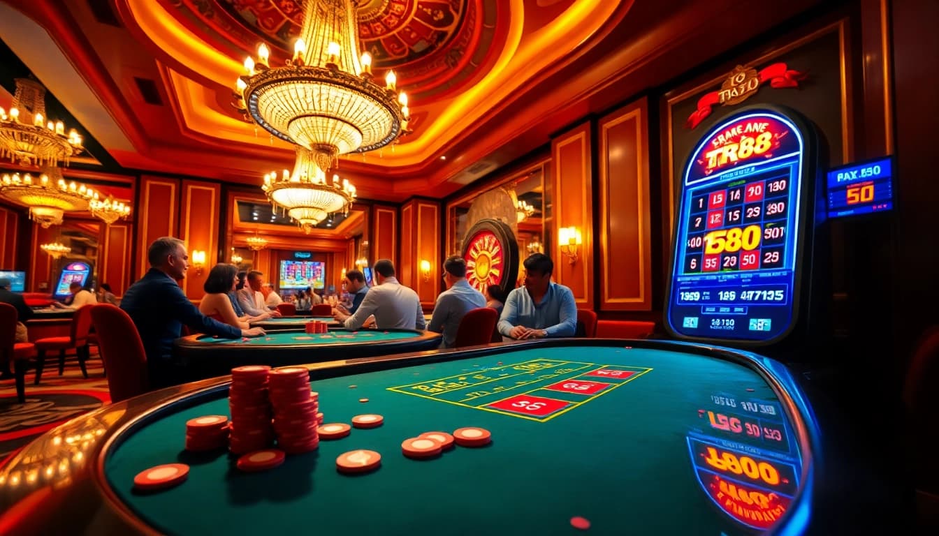 Engaging in a high-stakes poker game in a luxurious casino setting, featuring the TR88 slot machine.