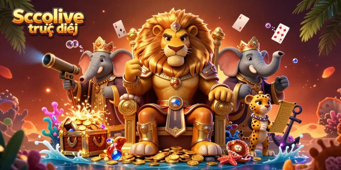 Socolive trực tiếp showcases a vibrant, royal scene with a lion king, elephant advisor, and cheetah messenger in a rich gambling-themed underwater adventure.
