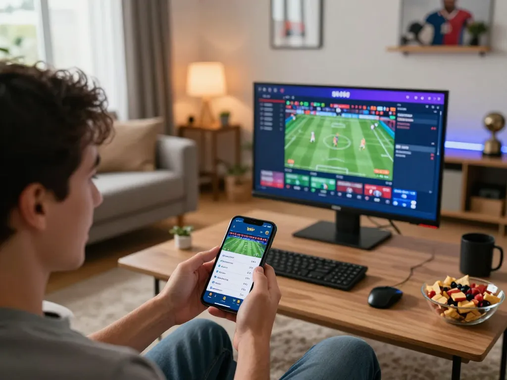 Experience dynamic sports betting on sv66 with smartphone in a cozy home setting.