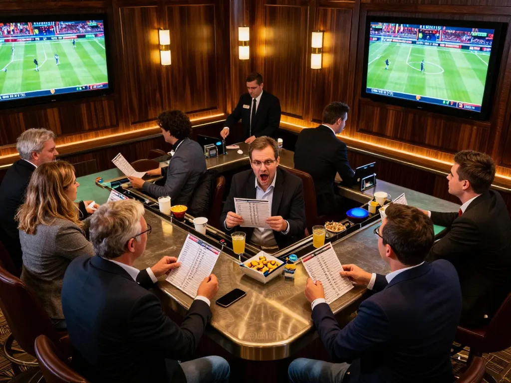 Participants analyzing sports bets at the one88 betting lounge, showcasing excitement and camaraderie