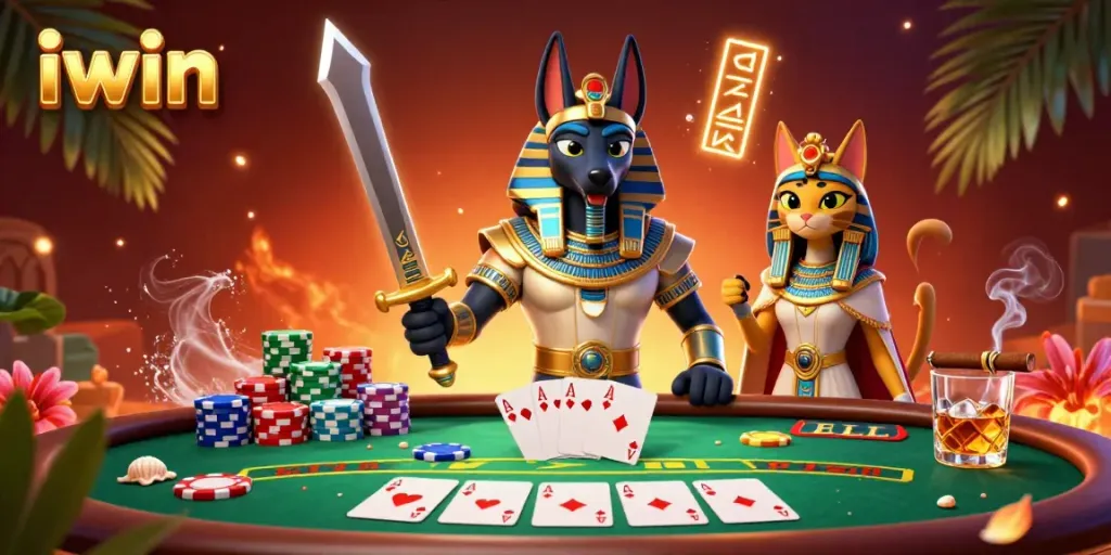 Participate in thrilling poker games with iwin’s dynamic 3D illustration featuring Anubis and Bastet.