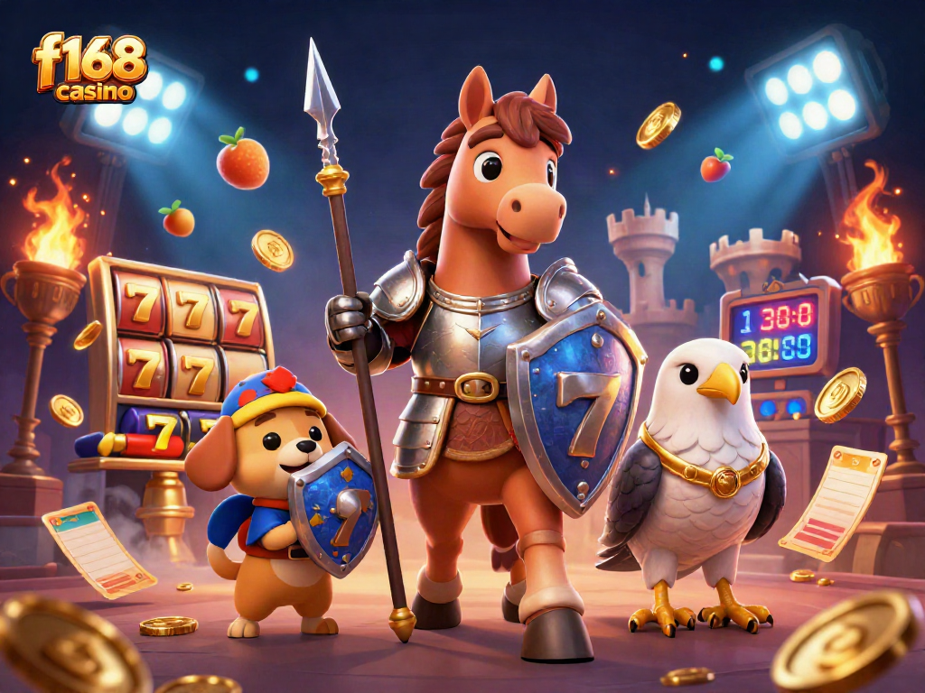 Engage with f168 casino through an action-packed scene of medieval characters surrounded by exciting slot game elements.