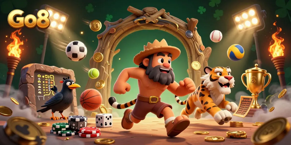 Bet on exciting games at Go8, featuring a colorful prehistoric casino with dynamic sports elements.