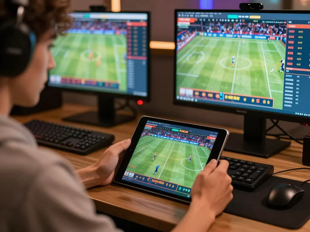 Engaging in sports betting on a tablet, showcasing qq8827's exciting live odds and events.
