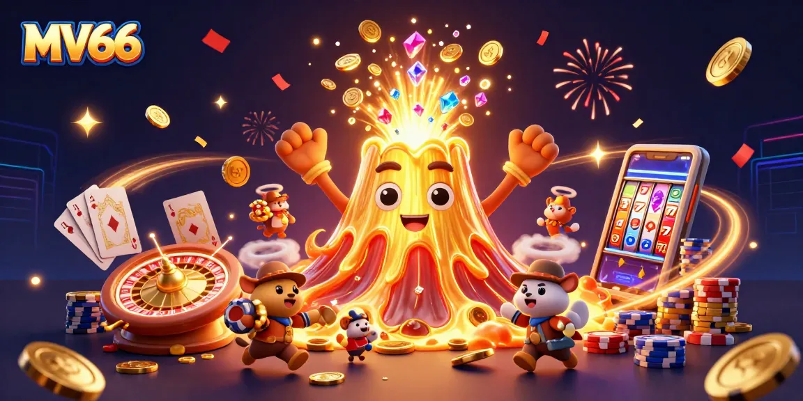 MV66 celebrates casino thrills with a golden volcano erupting treasures in dynamic action.