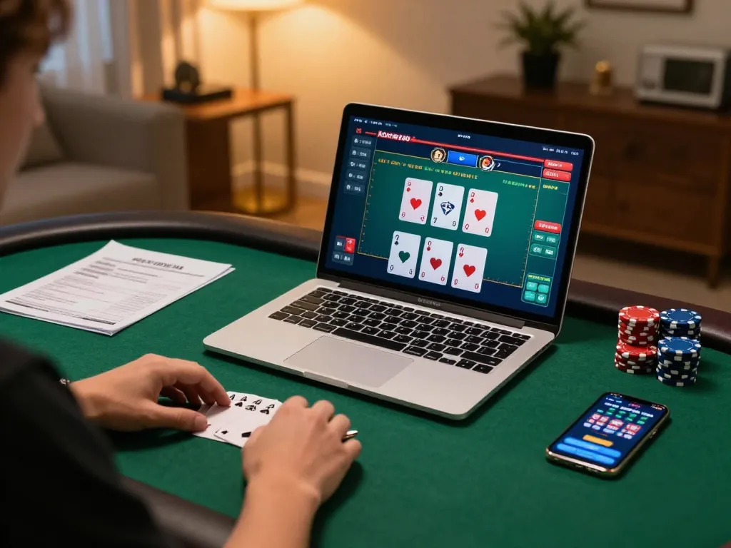 Rikbet player engaged in high-stakes online poker game with strategy notes.