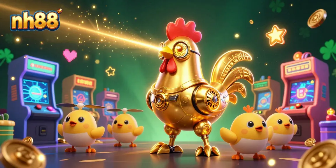 nh88 captures thrilling gameplay with a golden rooster robot shooting lasers and baby chick drones.