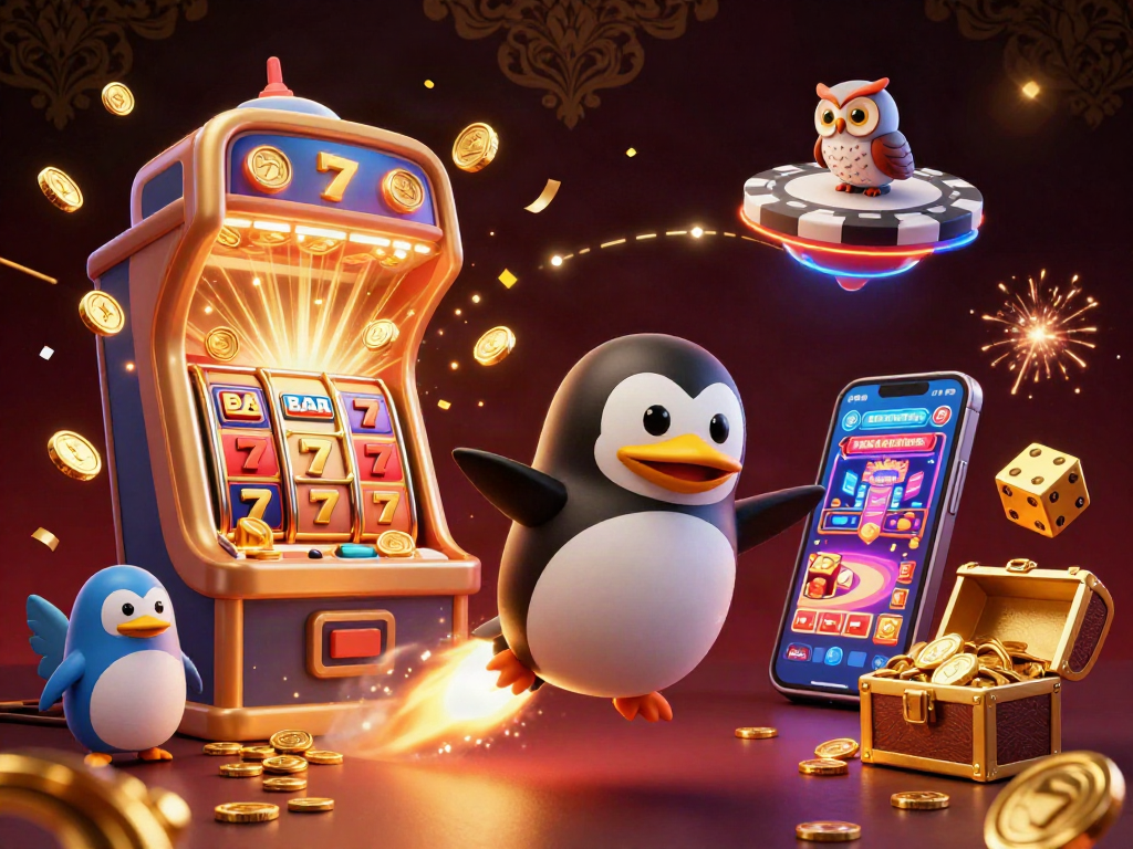 Experience the thrill of xoso66 with a golden penguin navigating a dynamic casino adventure.