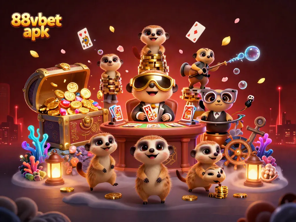 Experience exciting gameplay with 88vbet apk in a vibrant casino scene featuring meerkats.