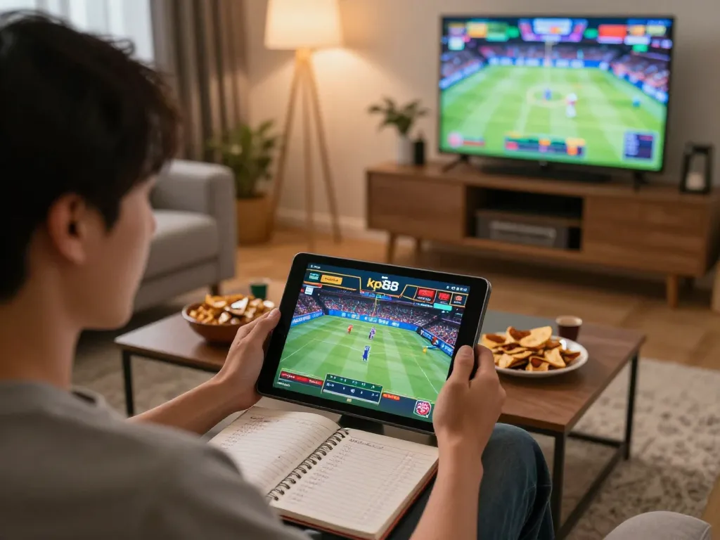 Engaging in sports betting on kp88 from a cozy home environment, highlighting strategic gameplay.