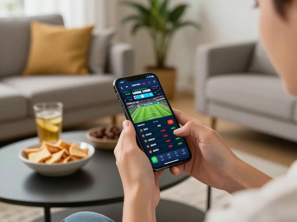Engaging sports betting moment with mb66ls app on smartphone, set in a cozy living room.