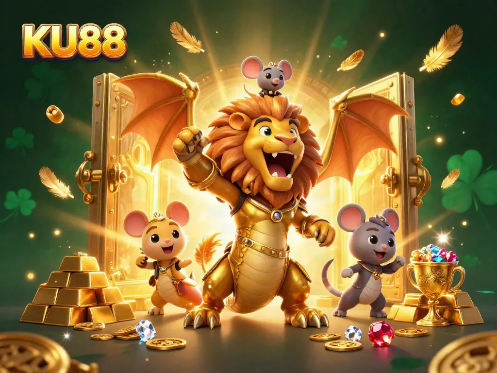 Experience thrilling wins at KU88 with a roaring chimera creature amidst riches and casino elements.